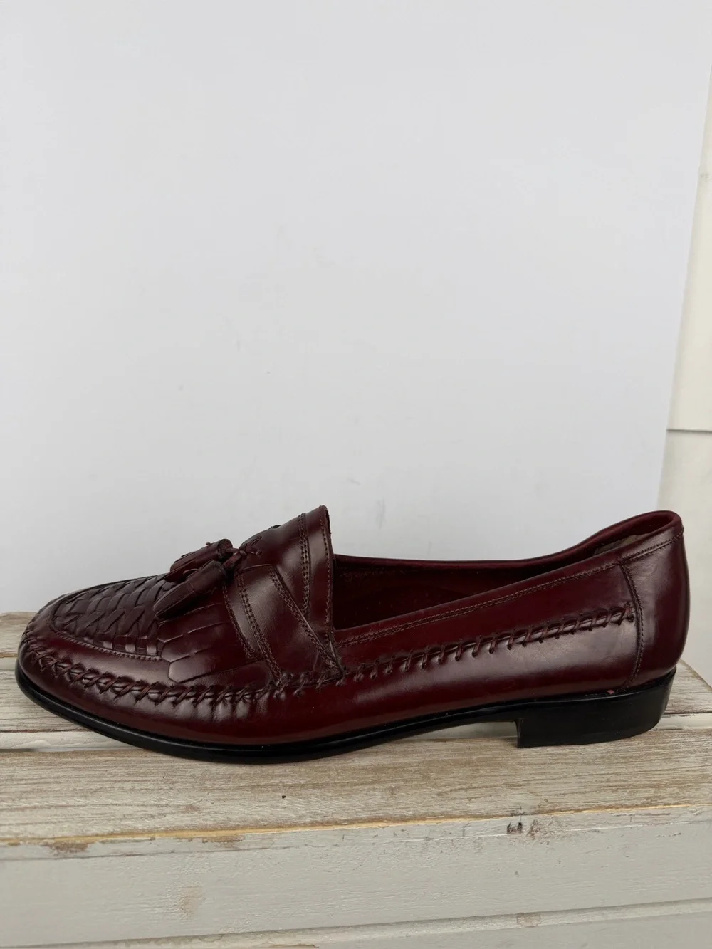 Giorgio Brutini burgundy loafers woven leather toe box leather tassels Sz 12EEE